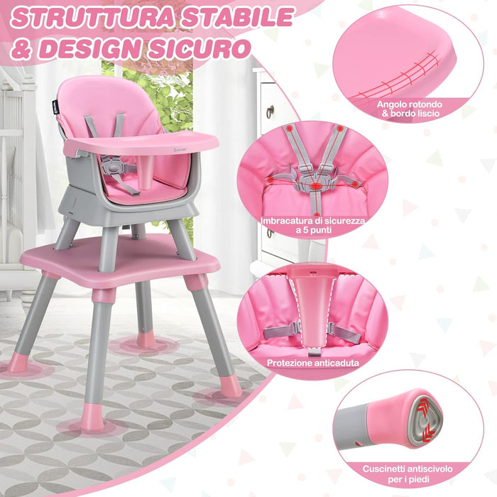 Seggiolone Pappa per Bambini 6 in 1, Seggiolone per Neonati Convertibile, Tavolo per Costruzioni per Bambini, con Imbracatura a 5 Punti, per Bambini da 6 Mesi fino 3 Anni (Rosa)