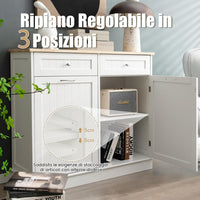 Credenza Cucina con 42L Pattumiera, Mobile per Pattumiera Ribaltabile con Piano in Legno di Gomma 2 Cassetti e Ripiano Regolabile, 100x35,5x90 cm (Bianco)