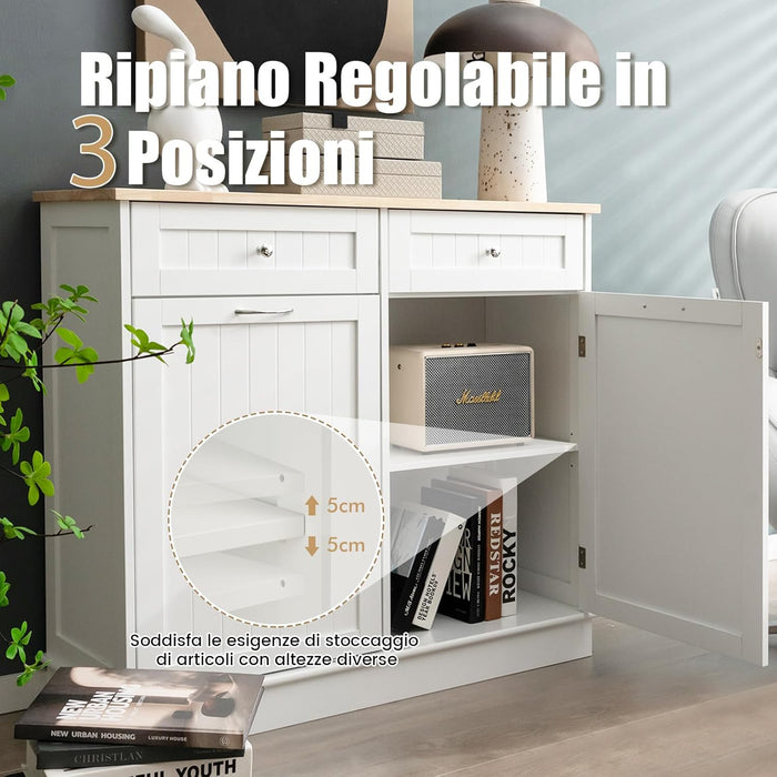 Credenza Cucina con 42L Pattumiera, Mobile per Pattumiera Ribaltabile con Piano in Legno di Gomma 2 Cassetti e Ripiano Regolabile, 100x35,5x90 cm (Bianco)