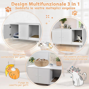 Mobile per Lettiera per Gatti 90 x 50 x 50 cm, Cassetta Igienica per Gatti con Doppia Anta, Divisore, Ingresso Avvolgibile, Tiragraffi e Gambe di Metallo Solido (Bianco)