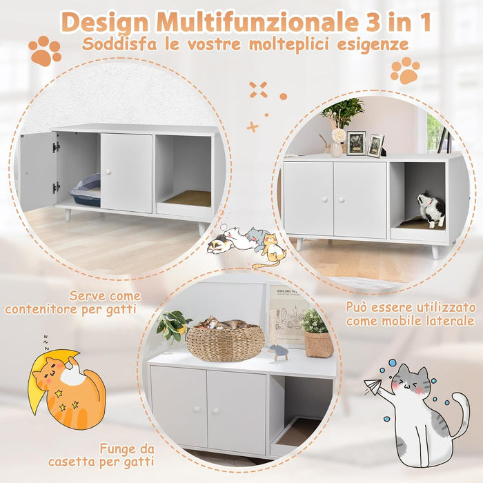 Mobile per Lettiera per Gatti 90 x 50 x 50 cm, Cassetta Igienica per Gatti con Doppia Anta, Divisore, Ingresso Avvolgibile, Tiragraffi e Gambe di Metallo Solido (Bianco)