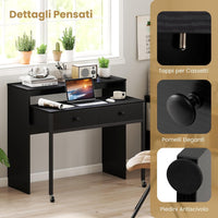 Scrivania per Computer, Tavolo Salvaspazio Retrattile con Cassetti e Ruote Universali Bloccabile, 100 x 63 x 88 cm, Desk Gaming per Ufficio, Soggiorno e Camera da Letto (Nero)