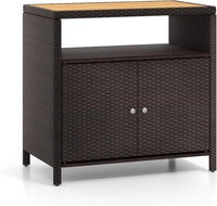 Armadietto Portaoggetti in Rattan, Mobile Buffet per Esterni in Legno di Acacia, Con Compartimento Aperto e Armadio Chiuso a 2 Ante, per Piscina, Terrazza e Patio, 90 x 53 x 66 cm (Marrone)