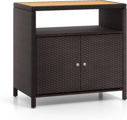 Armadietto Portaoggetti in Rattan, Mobile Buffet per Esterni in Legno di Acacia, Con Compartimento Aperto e Armadio Chiuso a 2 Ante, per Piscina, Terrazza e Patio, 90 x 53 x 66 cm (Marrone)