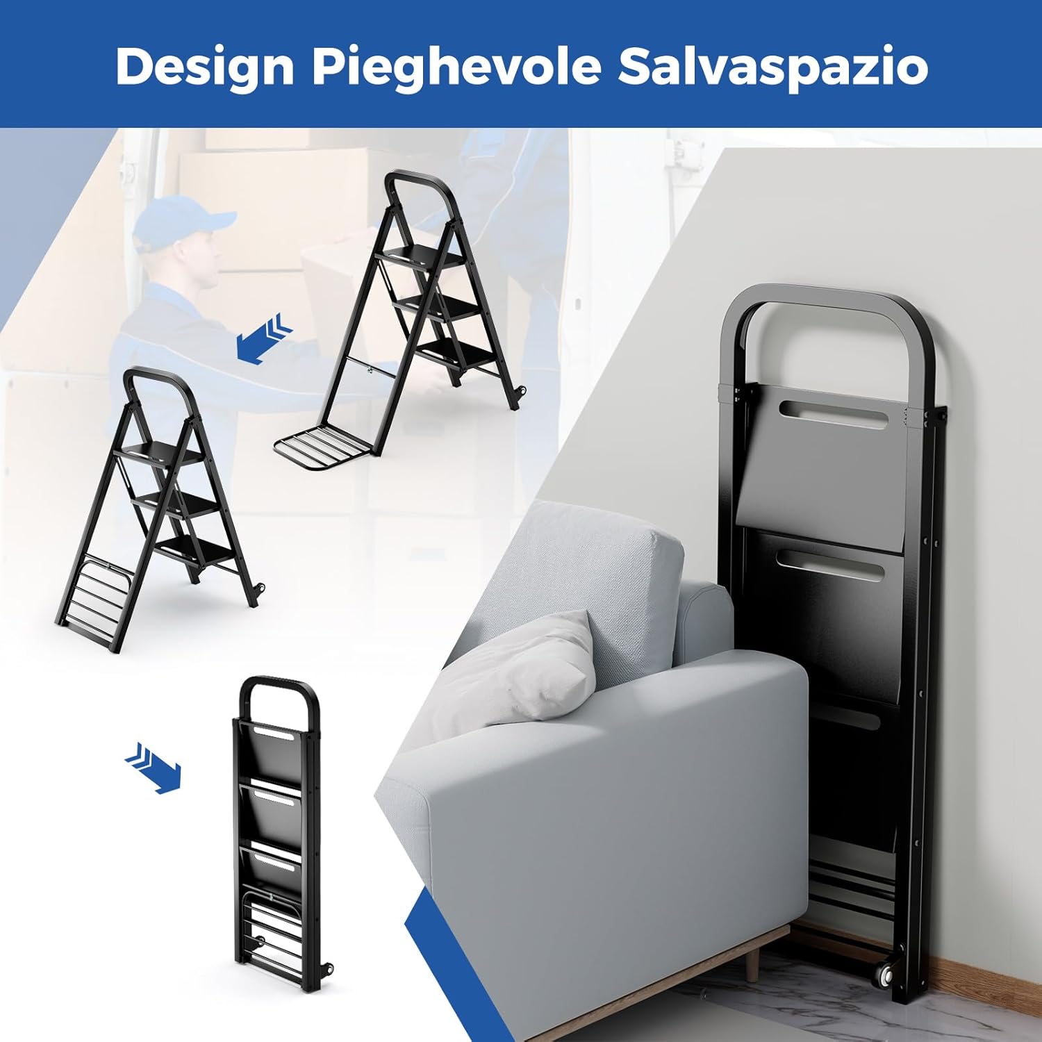 Scala a 3 Gradini Pieghevole con Ruote, 2 in 1 Scala e Carrello a Mano, Carrello a Mano con Ampie Pedane, Carrello Portapacchi a Scala in Metallo, Carico Massimo 250 kg