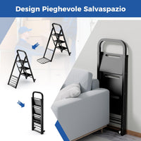 Scala a 3 Gradini Pieghevole con Ruote, 2 in 1 Scala e Carrello a Mano, Carrello a Mano con Ampie Pedane, Carrello Portapacchi a Scala in Metallo, Carico Massimo 250 kg
