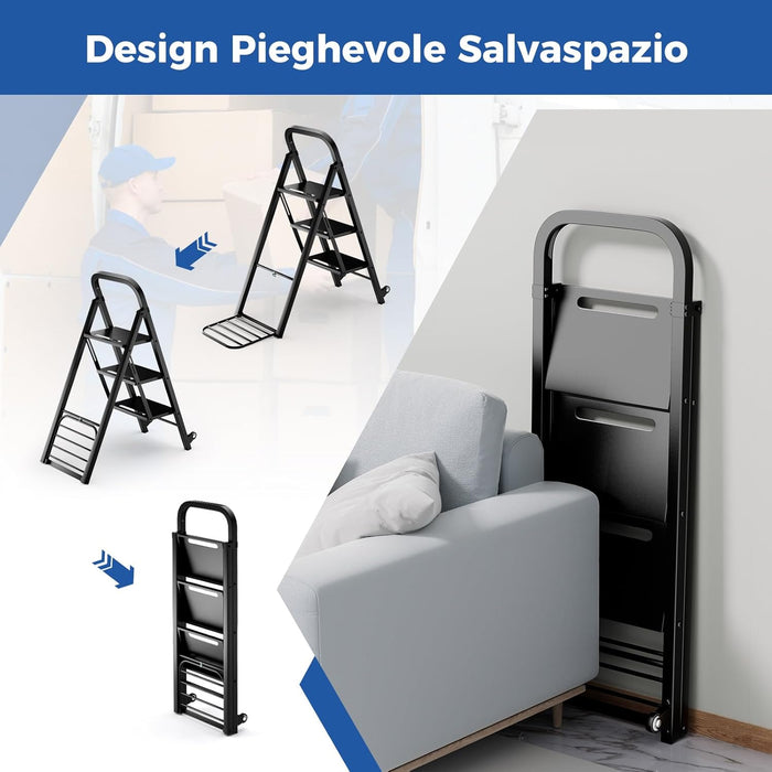 Scala a 3 Gradini Pieghevole con Ruote, 2 in 1 Scala e Carrello a Mano, Carrello a Mano con Ampie Pedane, Carrello Portapacchi a Scala in Metallo, Carico Massimo 250 kg