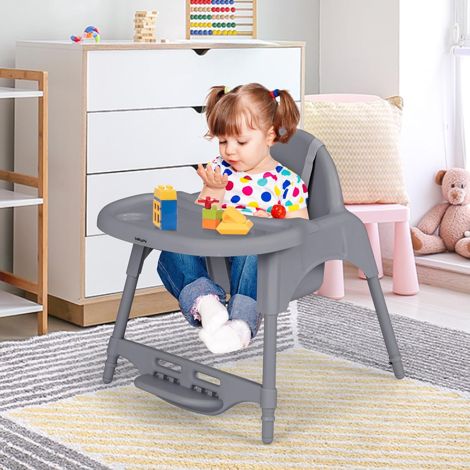 4 in 1 Seggiolone per Bambini, Seggiolone Papa con Vassoio Regolabile, Sedia da Terra per Bambini con Poggiapiedi, pert Bambini 6-36 Mesi (Grigio)