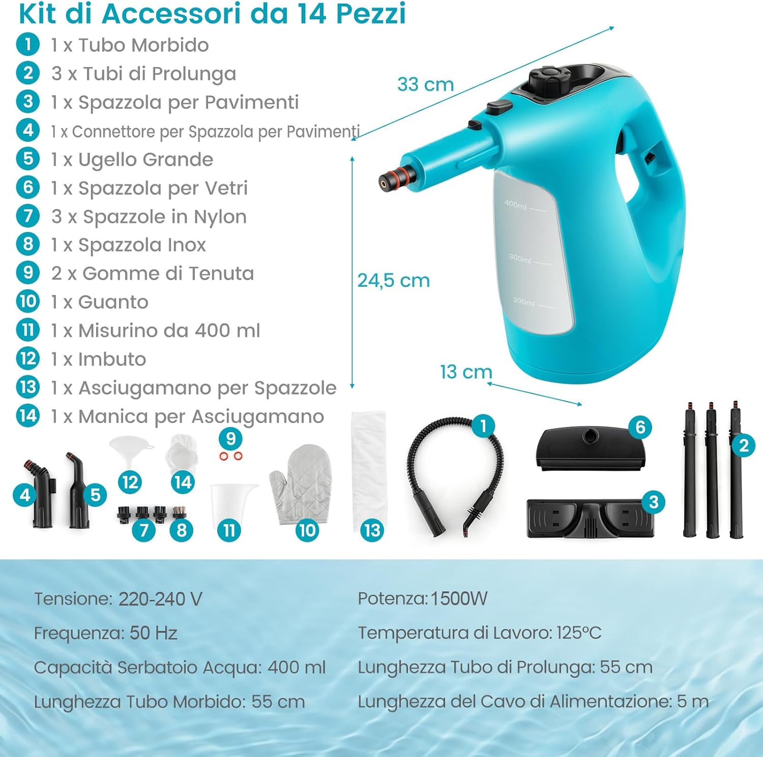 1500W Pulitore a Vapore Portatile, Macchina a Vapore con Serbatoio d'Acqua da 400 ml Blocco per Bambini e Kit di Accessori da 14 Pezzi, 33x13x24,5 cm (Blu)