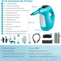 1500W Pulitore a Vapore Portatile, Macchina a Vapore con Serbatoio d'Acqua da 400 ml Blocco per Bambini e Kit di Accessori da 14 Pezzi, 33x13x24,5 cm (Blu)