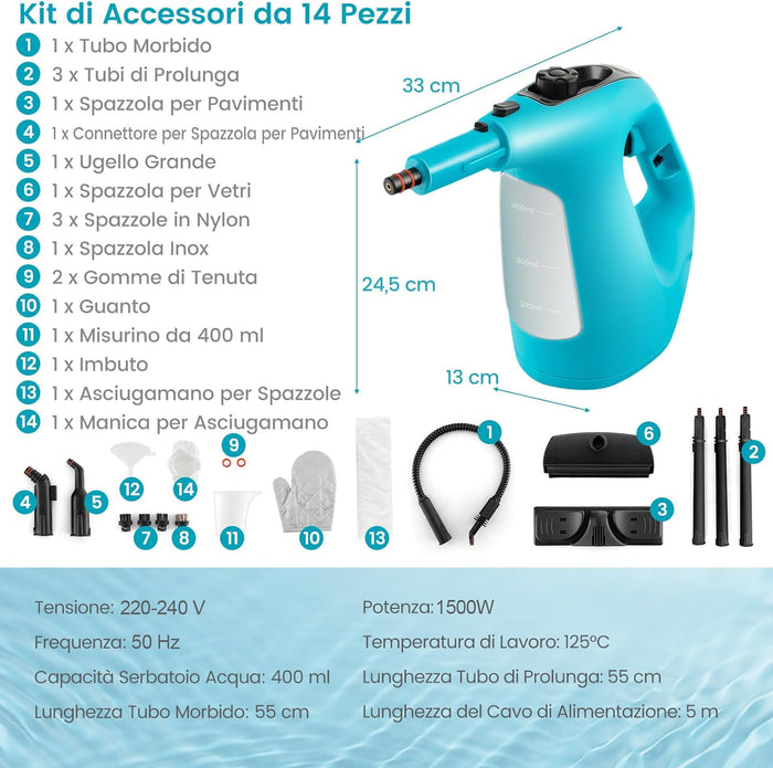 1500W Pulitore a Vapore Portatile, Macchina a Vapore con Serbatoio d'Acqua da 400 ml Blocco per Bambini e Kit di Accessori da 14 Pezzi, 33x13x24,5 cm (Blu)