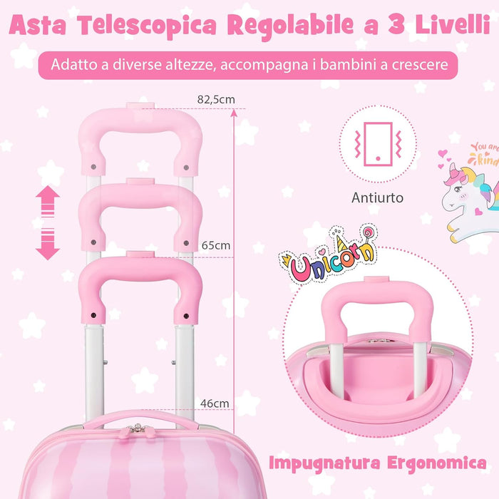 Set di Valigia per Bambini, 16" Valigia+ 12" Zaino, 2 Pezzi, con Ruote Girevoli a 360° e Maniglia Retrattile, Ideale per Viaggiare in Modo Comodo e Divertente (Modello 2)