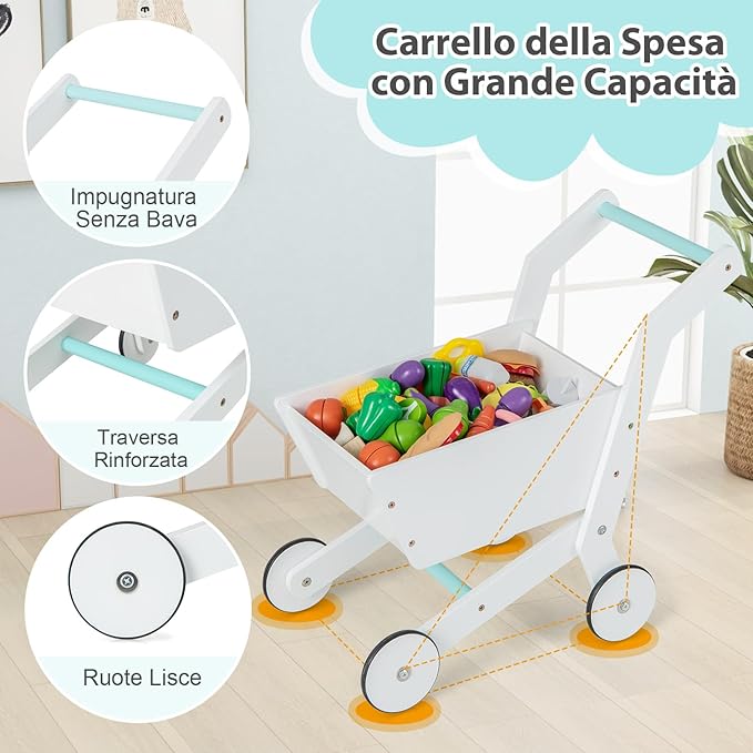 Set da Supermercato in Legno per Bambini, Gioco di Finta Spesa con Registratore di Cassa, Carrello della Spesa, Lavagna, Nastro Trasportatore, Mercato Interattivo con Contenitore e Luci LED