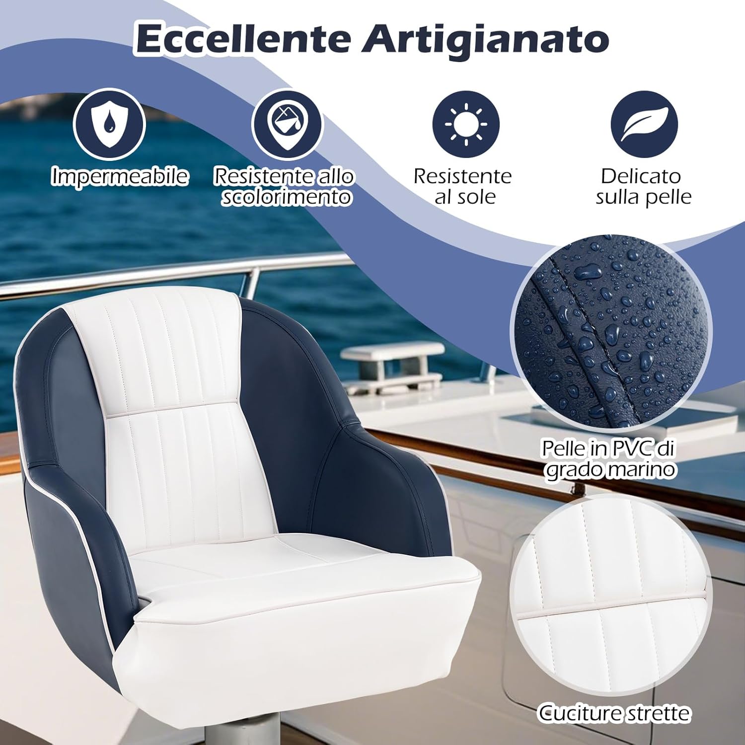 Sedia da Barca, Sedile da Barca con Schienale Avvolgente, Imbottitura Spessa in Spugna, Pelle PVC Impermeabile, Braccioli, Viti di Montaggio, 59 x 55 x 51 cm