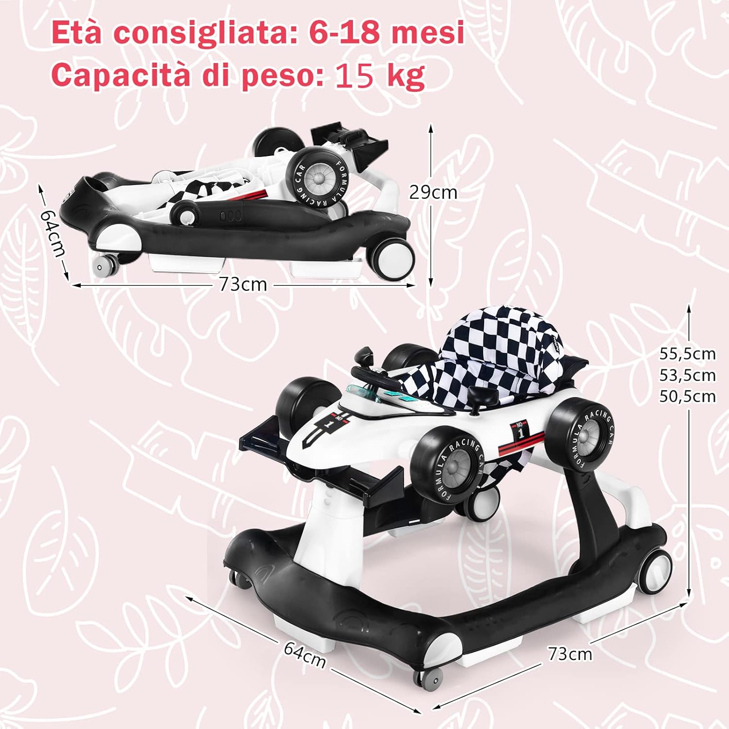 Girello per Bambini 4 in 1, Girello Pieghevole con Altezza e Velocità Regolabili, Carillon con Luci, Volante, Primi Passi per Bambini 6-18 Mesi, Portata 15 kg (Bianco)