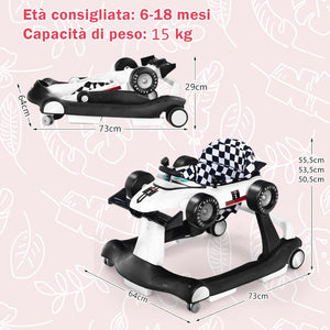 Girello per Bambini 4 in 1, Girello Pieghevole con Altezza e Velocità Regolabili, Carillon con Luci, Volante, Primi Passi per Bambini 6-18 Mesi, Portata 15 kg (Bianco)