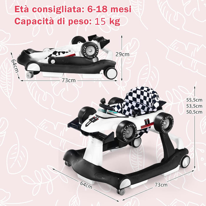 Girello per Bambini 4 in 1, Girello Pieghevole con Altezza e Velocità Regolabili, Carillon con Luci, Volante, Primi Passi per Bambini 6-18 Mesi, Portata 15 kg (Bianco)