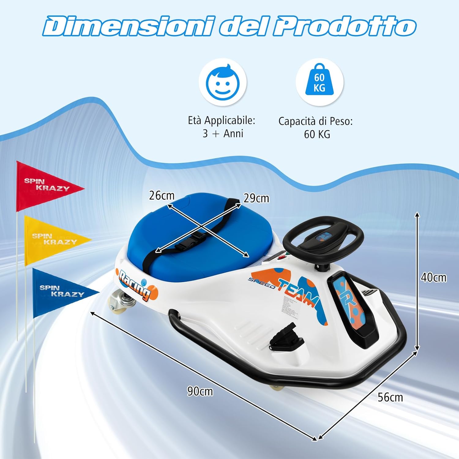 24 V Go Kart per bambini, Auto Drift con Giro a 360°, con Connessione Wireless USB Radio Musica e 3 Bandierine, Avviso Lento, 3-8 km/h, per Bambini 3+ Anni