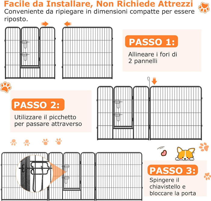 Recinto per Cani Interno ed Esterno, 8 Pannelli Altezza 60/80 CM Recinzione per Piccoli/Medi Animali/Coniglio/Gatto, Cancelletto Portatile Pieghevole con Porta (190 x 80 cm)