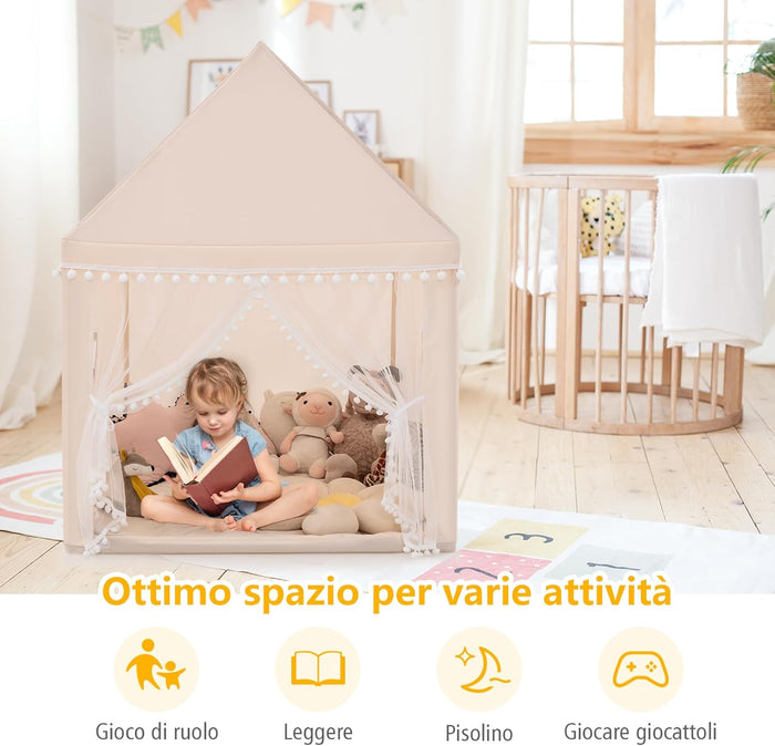 Tenda da Gioco Casetta per Bambini, Castello Giocattolo in Legno Cotone, con Struttura Stabile e Finestre Traspirabili, 105x120x140 cm (Beige)