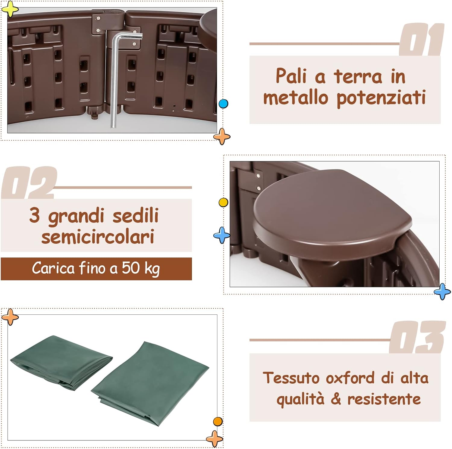 Sabbiera per Bambini con Rotondo Coperchio Impermeabile, Ideale per Giardino, Cortile e Spiaggia,120 x 120 x 21 cm, Marrone