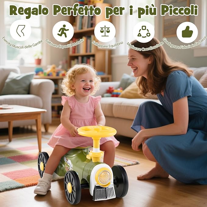 Auto a Spinta per Bambini, macchina cavalcabile con Suono e Spazio di Archiviazione, Auto Scorrevole a Piedi con Volante per Bambini 19-36 Mesi (Verde)