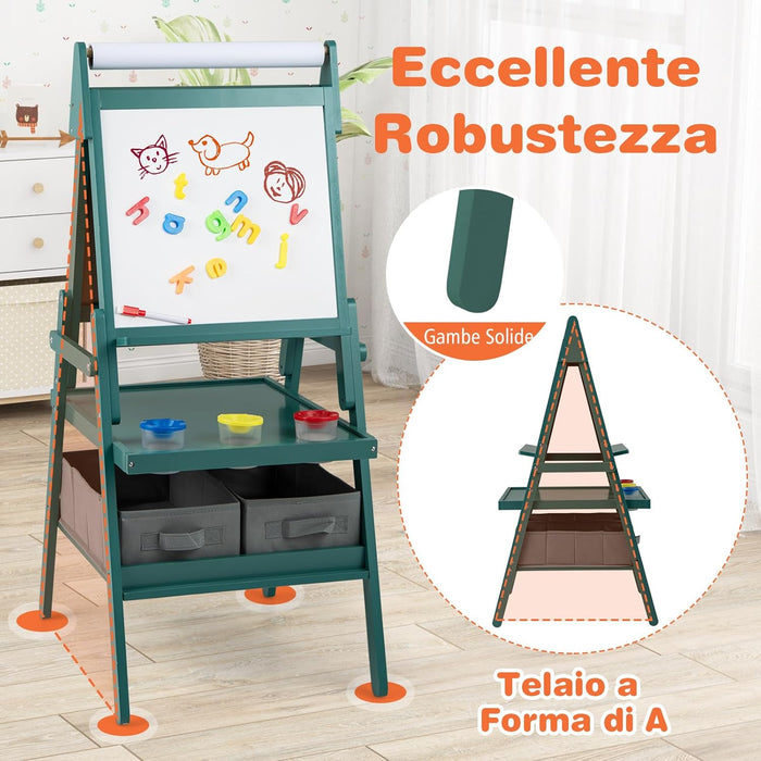 3 in 1 Cavalletto per Bambini, Cavalletto con Doppia Faccia Magnetica e Lavagna Bianca, Rotolo di Carta, 3 Bicchieri per Vernice e 2 Ceste in Tessuto, per Bambini 3-6 Anni (Verde)