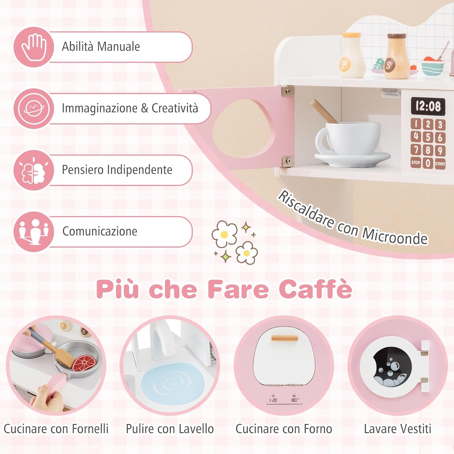 Cucina Giocattolo con Macchina da Caffè, Forno e Lavatrice, Cucina per Bambini in Legno con Microonde e Lavandino, Set Cucina con 13 Accessori, 70 x 30 x 88 cm, per Bambini 3+ Anni