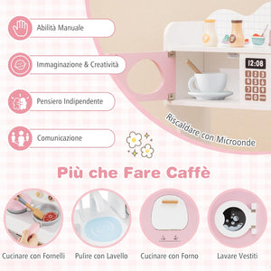 Cucina Giocattolo con Macchina da Caffè, Forno e Lavatrice, Cucina per Bambini in Legno con Microonde e Lavandino, Set Cucina con 13 Accessori, 70 x 30 x 88 cm, per Bambini 3+ Anni