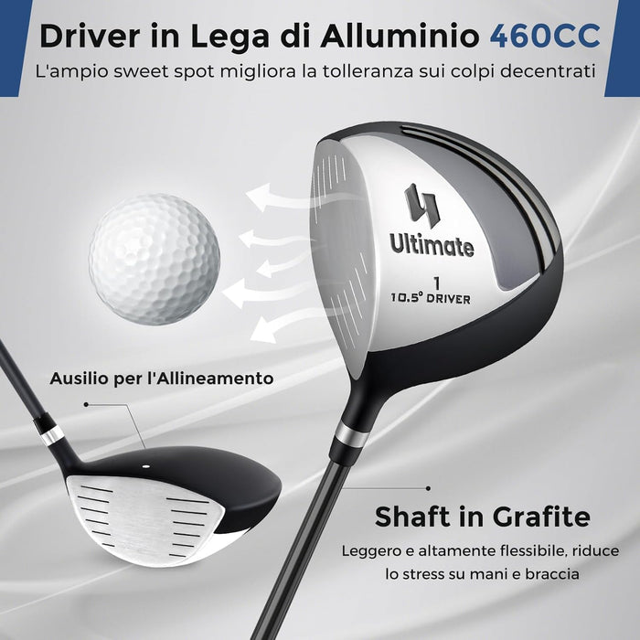 Set Completo di Mazze da Golf per Mancini da Uomo, Borsa Portatile con Supporto e Cappuccio Antipioggia, Include Driver 1 da 460CC, Fairway 3, Ibrido 4, Ferri 6, 7, 8, 9, P e Putter (Grigio)