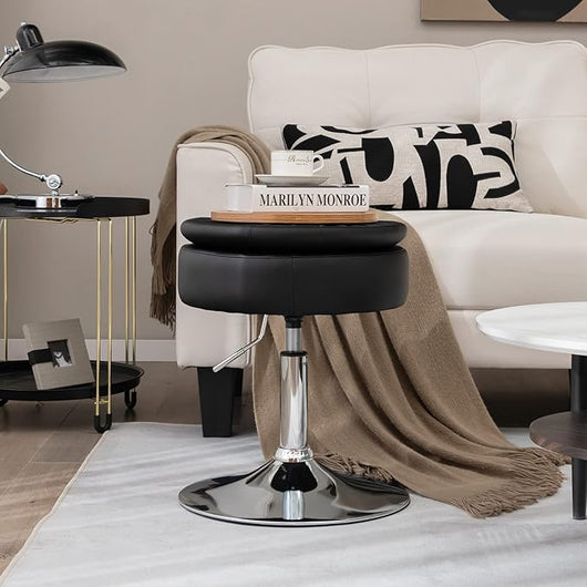 Sgabello Girevole Altezza Regolabile con Portaoggetti, Poggiapiedi Sgabelli da Trucco, Tavolino da Caffè, Sgabello da Lavoro Rotondo in Finta Pelle per Bar, Ufficio, Soggiorno, Camera (Nero)