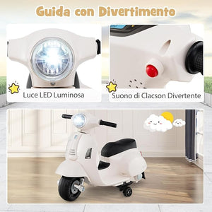 Moto Elettrica per Bambini, 6V Mini Moto per Bambini 18-36 Mesi, con Licenza Ufficiale Vespa, con Luci a LED e Suoni di Clacson, Portata 25 kg, 2 Ruote di Allenamento, 2,5 km/h (Bianco)