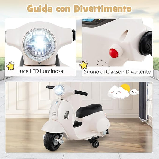 Moto Elettrica per Bambini, 6V Mini Moto per Bambini 18-36 Mesi, con Licenza Ufficiale Vespa, con Luci a LED e Suoni di Clacson, Portata 25 kg, 2 Ruote di Allenamento, 2,5 km/h (Bianco)