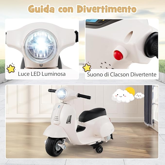 Moto Elettrica per Bambini, 6V Mini Moto per Bambini 18-36 Mesi, con Licenza Ufficiale Vespa, con Luci a LED e Suoni di Clacson, Portata 25 kg, 2 Ruote di Allenamento, 2,5 km/h (Bianco)