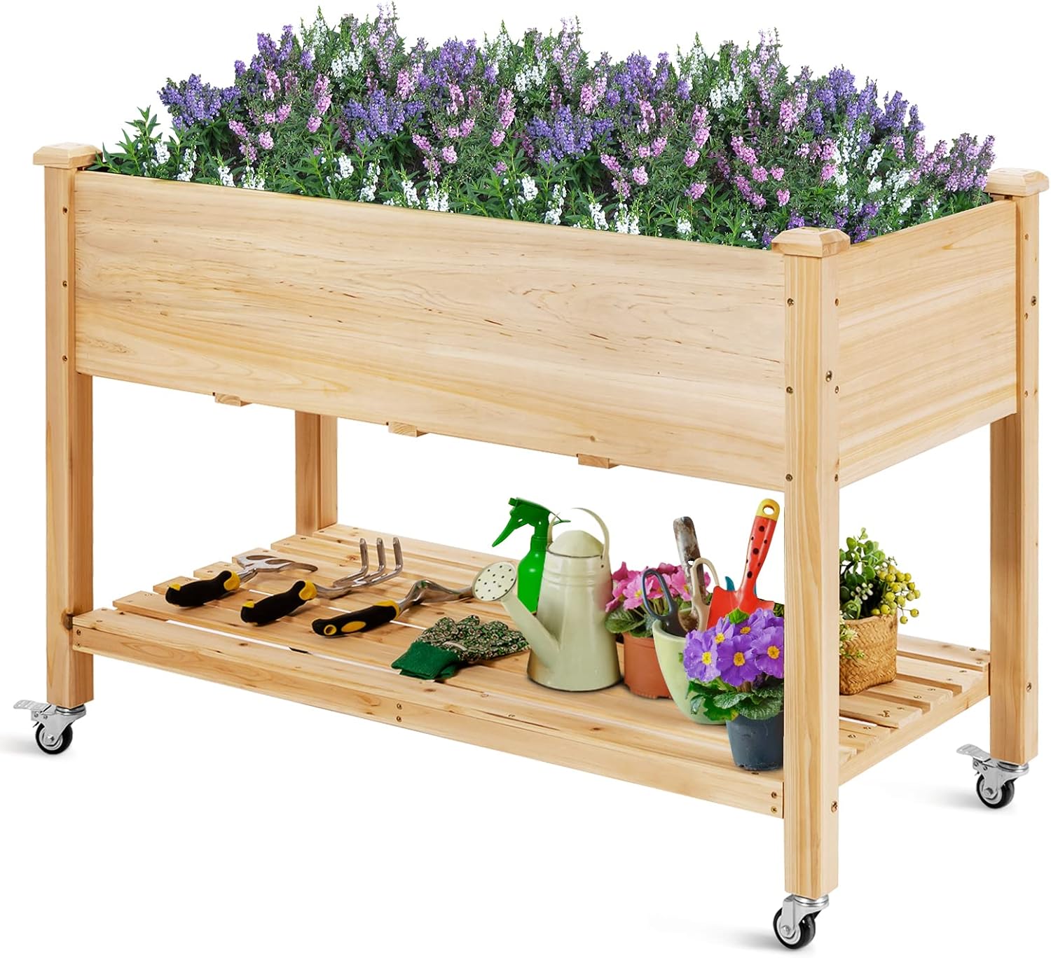 Letto da Giardino Rialzato, Fioriera da Esterno Alta con Ruote Bloccabili e Rivestimento Protettivo, Aiuola Rialzata per Orto, Fiori e Verdure da Cortile e Patio,120 x 59 x 84 cm