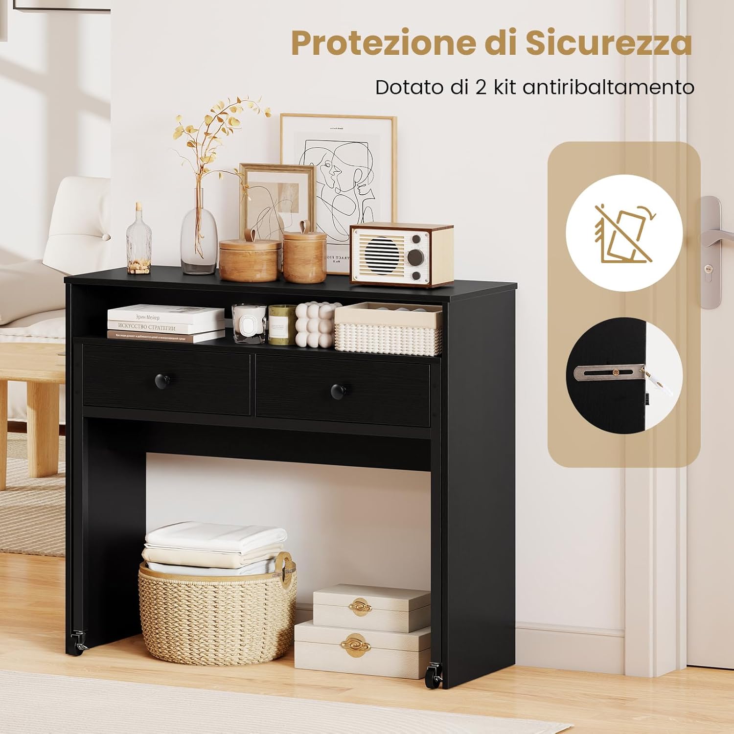 Scrivania per Computer, Tavolo Salvaspazio Retrattile con Cassetti e Ruote Universali Bloccabile, 100 x 63 x 88 cm, Desk Gaming per Ufficio, Soggiorno e Camera da Letto (Nero)