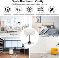 Sgabello Girevole Altezza Regolabile con Portaoggetti, Poggiapiedi Sgabelli da Trucco, Tavolino da Caffè, Sgabello da Lavoro Rotondo in Finta Pelle per Bar, Ufficio, Soggiorno, Camera (Bianco)