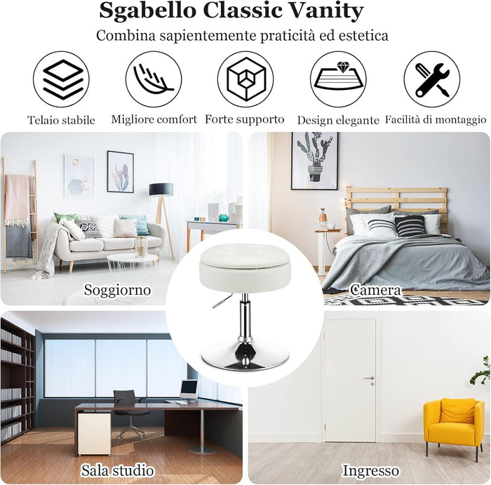 Sgabello Girevole Altezza Regolabile con Portaoggetti, Poggiapiedi Sgabelli da Trucco, Tavolino da Caffè, Sgabello da Lavoro Rotondo in Finta Pelle per Bar, Ufficio, Soggiorno, Camera (Bianco)
