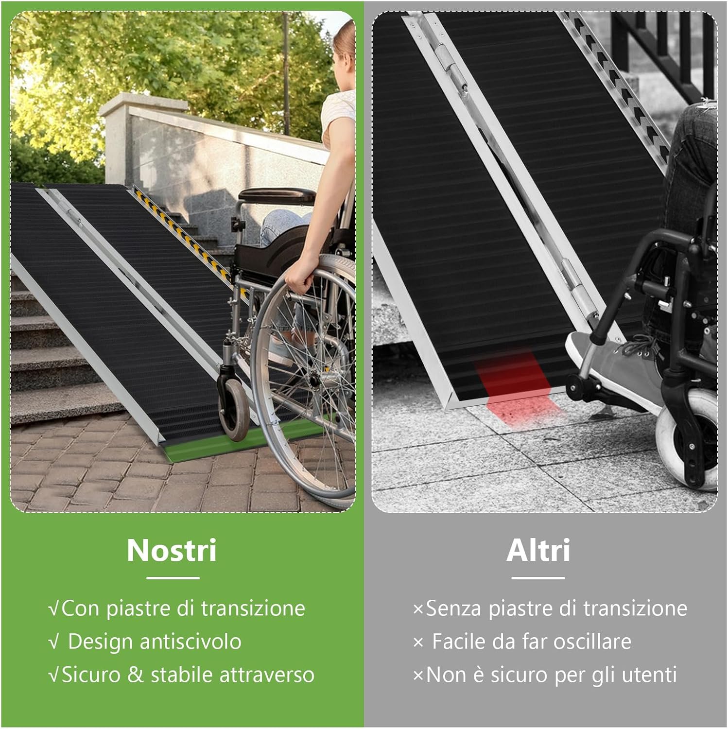 Set di 2 Rampa per Sedie a Rotelle in Alluminio, Rampa Telescopica Pieghevole con Superficie Antiscivolo, Capacità di Carico di 272 kg, per Soglie, Gradini, Scale (122 x 74cm)