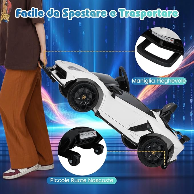 12V Lamborghini Macchina Elettrica per Bambini, Veicolo Elettrico con Telecomando Sospensione a Molla Luci LED MP3, 3-5 km/h, per Bambini 3 Anni+ (Bianco)