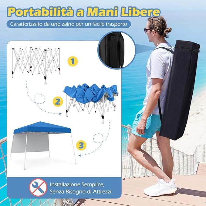 Gazebo Pop-up da Esterno 3 x 3 m, Gezebo Pieghevole con 1 Parete Laterale, Zaino Portatile e 4 Picchetti, Tendone Impermeabile e Resistente per Campeggio e Feste (Blu)