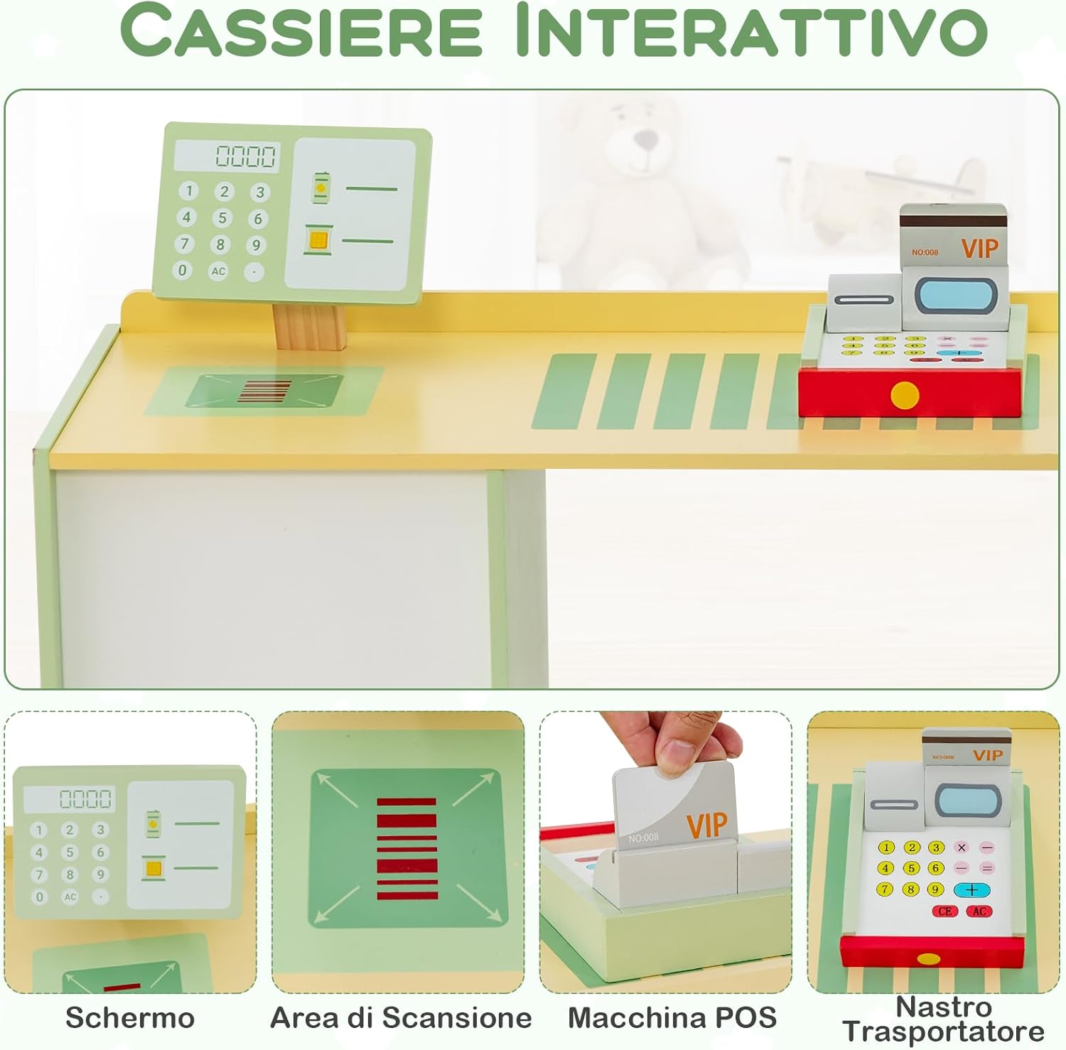 Set di Giocattoli in Legno per il Supermercato, Negozio Alimentare per Bambini con Bancone Cassa, POS, Distributore Automatico, per Bambini 3 - 8 Anni (Verde)