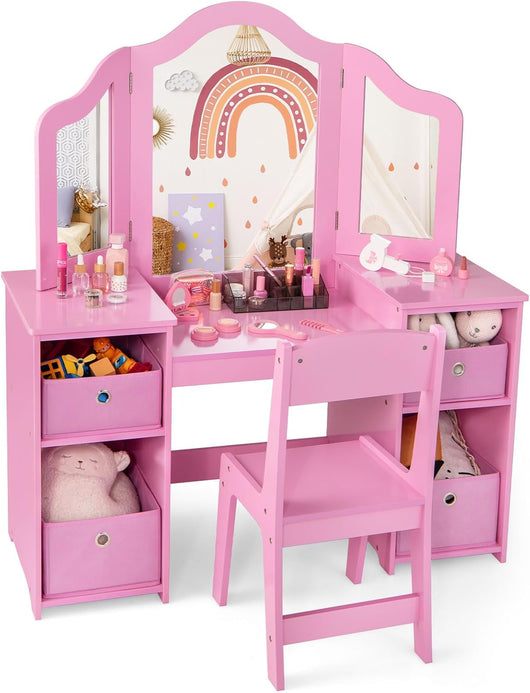 Toeletta Trucco 2 in 1 per Bambina, Specchiera Staccabile per Ragazza in Legno Robusto con 4 Cassetti in Tessuto, Sgabello e Specchio, Postazione Trucco per 3 Anni, 104 x 40 x 117 cm (Rosa)