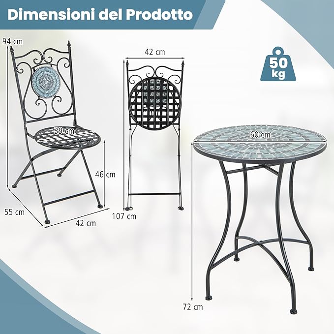 Set da Giardino 3 Pezzi,Set da Pranzo in Metallo Robusto a Mosaico, con 2 Sedie Pieghevoli, Set Tavolo e Sedie per Interno ed Esterno (Nero+Grigio)