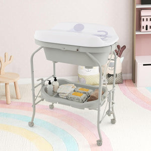 Fasciatoio con Vaschetta da Bagno per Neonati, Fasciatoio Pieghevole Salvaspazio con Materassino in PVC e Ruote, per Bambini 0-12 Mesi, Portata 15kg+35 kg (Grigio Chiaro)