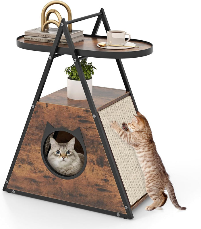 Mobile per Gatti, Tavolino Triangolare 2 in 1 con Condo Nascosto e Tappetini in Sisal, Comodino Moderno per Animali Domestici per Camera da Letto e Soggiorno in Legno e Metallo, 60 x 33 x 76cm