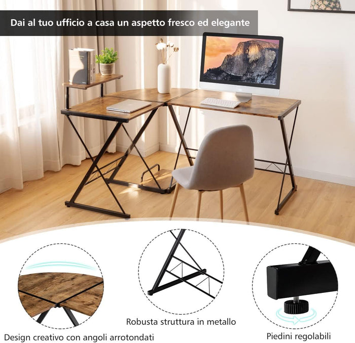 Scrivania Angolare di Metallo e Legno, Scrivania per Computer con Alzata per Monitor e Ripiano, Scrivania Moderna e Salvaspazio per Casa e Ufficio, Brown