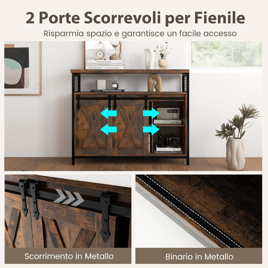 Credenza da Cucina con Ante Scorrevoli, Armadietto Organizzatore Ripiano Regolabile,3 Ripiani e 2 Scomparto con Porta, Marrone Vintage, per Sala da Pranzo Soggiorno, 100 cm x 33 cm x 80 cm
