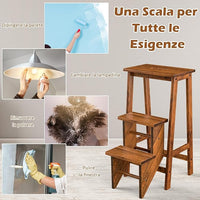 Scaletta Pieghevole, 3 in 1 Scaletta e Sgabello in Legno di Gomma Multifunzione, 3 Gradini, Reversibili Impugnatura, Capacità di Carico 310 kg, Ideale per Studio, Soggiorno (Caffè)