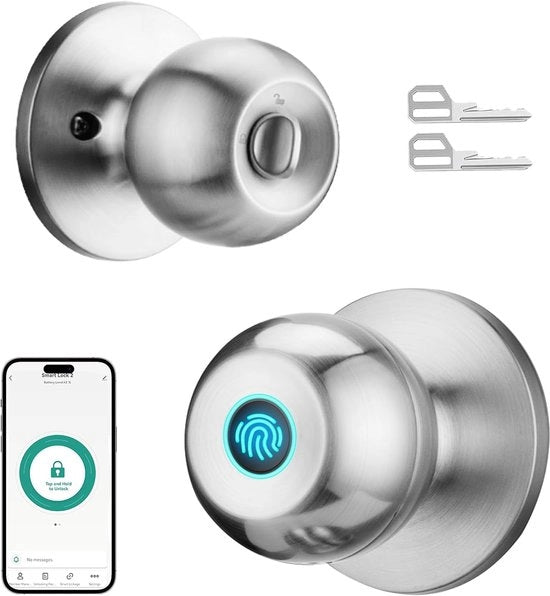 Deurkruk Biometrisch, App e Sleutelloso - Satijnnikkel per Porta d'Entrata e Camera da Letto